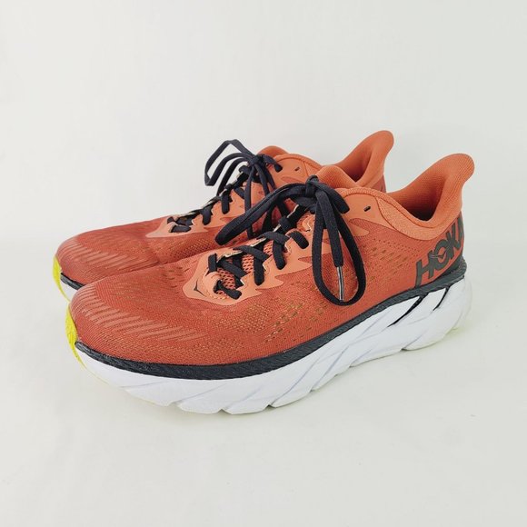 Hoka One One Mens 9.5 Clifton 7 Chili Red Black Running Shoes 1110508 CLBLC - Picture 1 of 13